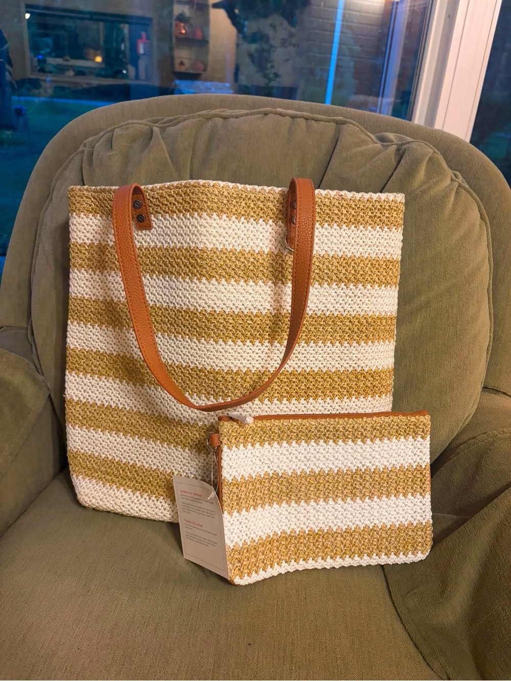 Thirty-One All Around Tote with Matching Rubie Mini in White Striped Straw